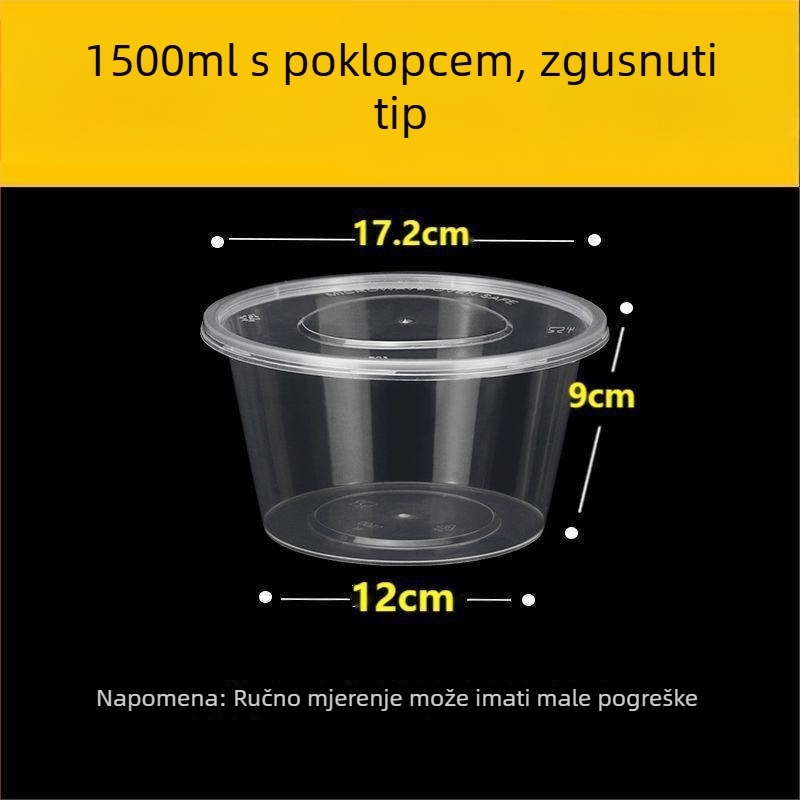Jednokratna okrugla kutija za obrok s poklopcem, prozirni plastični materijal; nije pogodno za mikrovalnu pećnicu