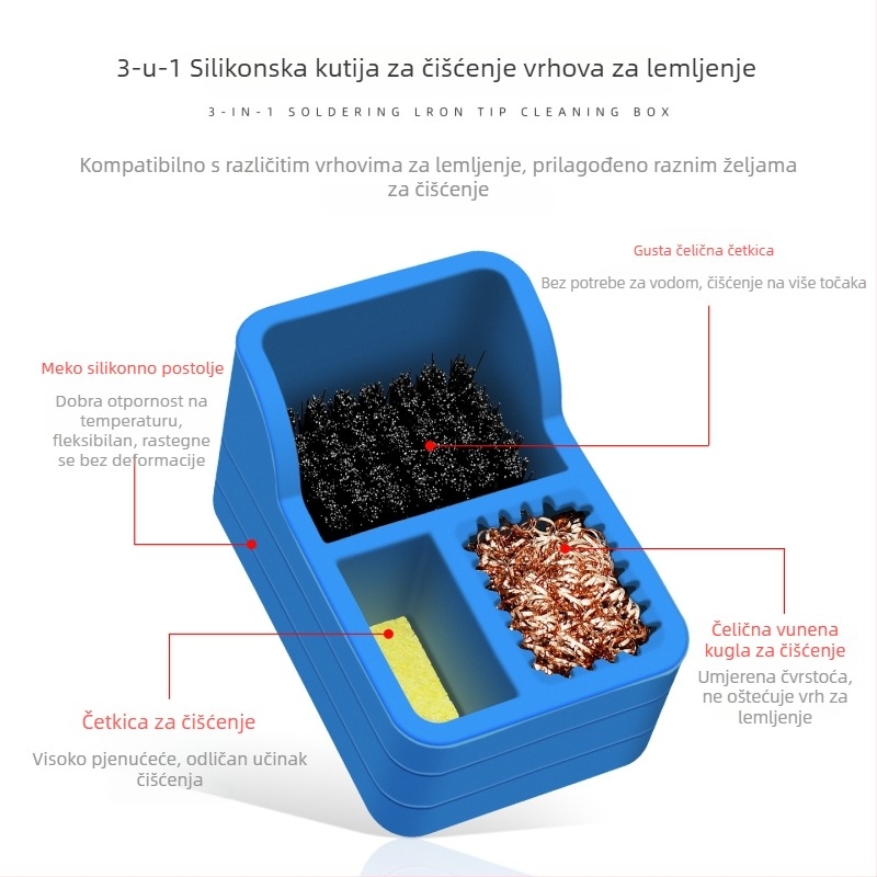 3-u-1 set za čišćenje vrhova lemilice: kutija za čišćenje vrha, odvijač za vrh, čistač cínovih kuglica, kutija šlaka cinka, bakrena žica kugla za čišćenje vrha