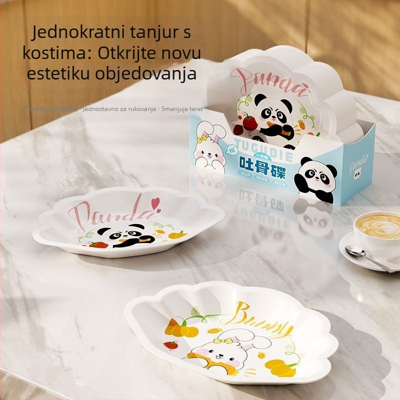 Jednokratni tanjur s karikaturalnim motivom kostiju, debeli plast, nepravilni oblik, sladak stil