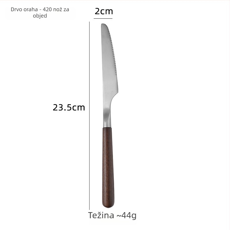 Set pribora od nehrđajućeg čelika 304 s drškom od orašastog drveta, satenski završetak; nož za steak i vilica, desertna žlica, vilica za voće u zapadnom stilu i jušna žlica