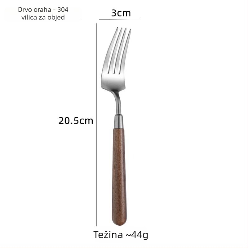 Set pribora od nehrđajućeg čelika 304 s drškom od orašastog drveta, satenski završetak; nož za steak i vilica, desertna žlica, vilica za voće u zapadnom stilu i jušna žlica