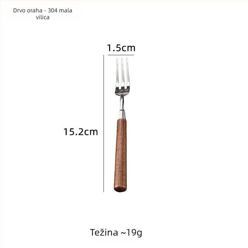 Set pribora od nehrđajućeg čelika 304 s drškom od orašastog drveta, satenski završetak; nož za steak i vilica, desertna žlica, vilica za voće u zapadnom stilu i jušna žlica