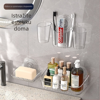 Zidni regaľ za pohranu, 1. razina, PET plast, bez bušenja, držač za četkicu za zube i odvod sapuna