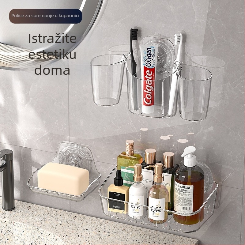 Zidni regaľ za pohranu, 1. razina, PET plast, bez bušenja, držač za četkicu za zube i odvod sapuna