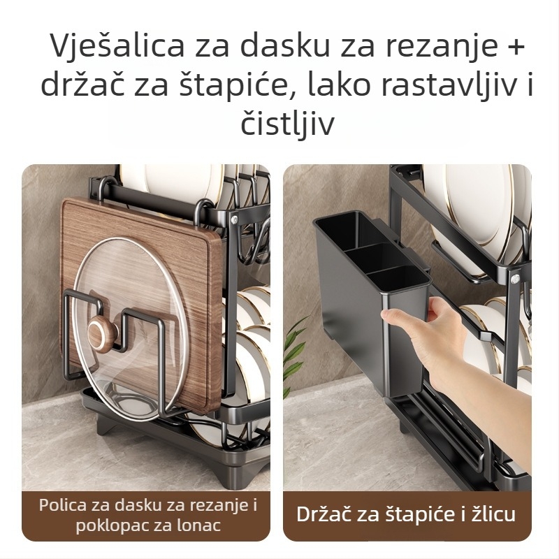 Dvostruki stolni stalak za odvodnjavanje posuđa – za zdjele, tanjure i čaše; sklopiv, pomičan, bez bušenja; materijal: ugljični čelik + PP; pogodan za kuhinju i stolno skladištenje
