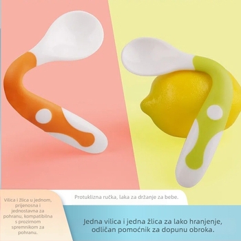 Dvodjelni set zakrivljenih žlica i vilica za bebe, plastika, 12 mjeseci i više, sladak stil