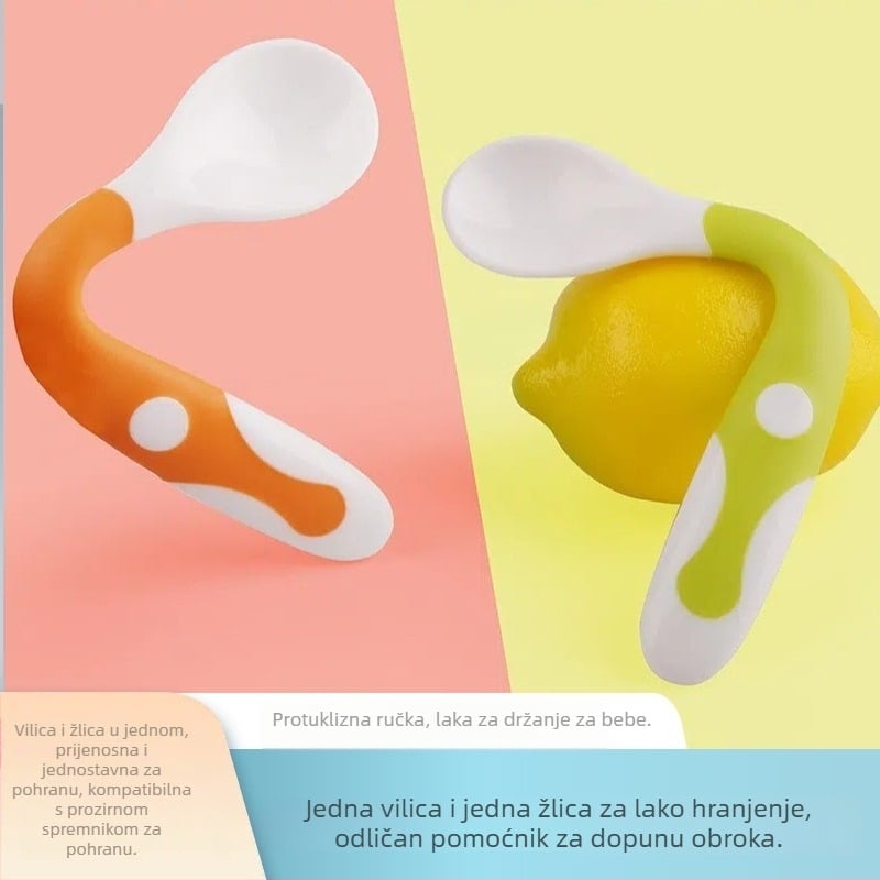 Dvodjelni set zakrivljenih žlica i vilica za bebe, plastika, 12 mjeseci i više, sladak stil
