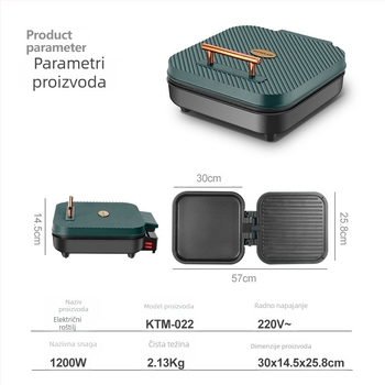 Električna palačinka tava s dvostrukim grijanjem, kvadratnog oblika, 1200W, 220V/50Hz, crni kristalni panel, upravljanje gumbima