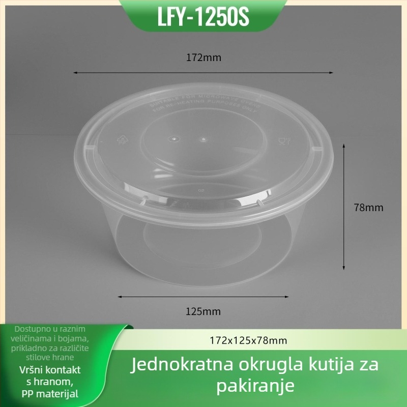 Kružna jednokratna posuda za ručak s poklopcem - prehrambeni PP, mikrovalna sigurnost, mogućnost logotipa
