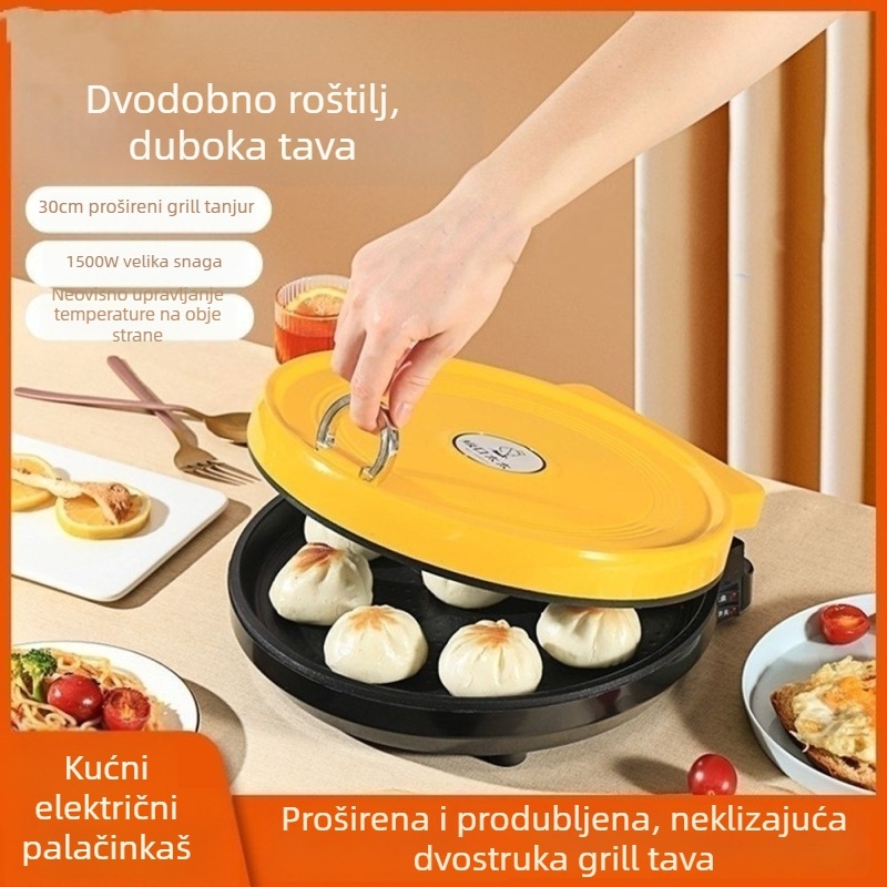 Električna tava za palačinke (crepe maker) s jednostranim grijanjem, snaga 1200–1500 W, upravljanje gumbima