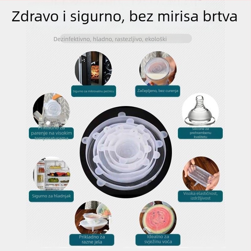 Silikonski poklopci za hranu, 6-dijelni set, okrugli poklopci za posude, pogodni za hladnjak i mikrovalnu pećnicu, hermetičko zatvaranje