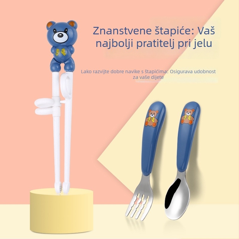 Učenički štapići za jelo za djecu, set od 3 dijela (štapići + žlica + vilica), dizajn karikature medvjedića, nehrđajući čelik