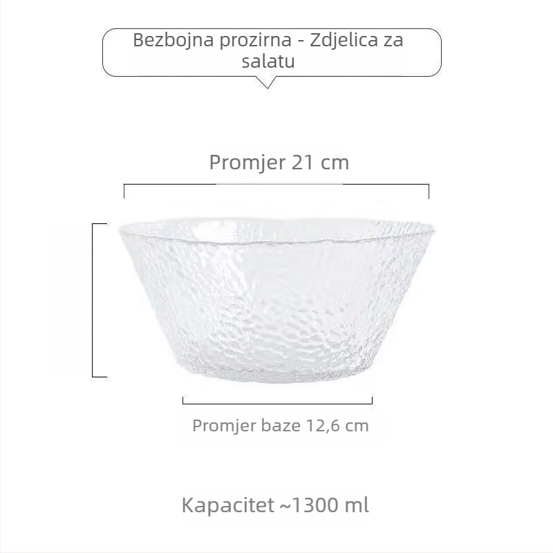 Staklena zdjela za salatu s uzorkom čekića – kružnog oblika, običnog stakla, moderni minimalistički stil