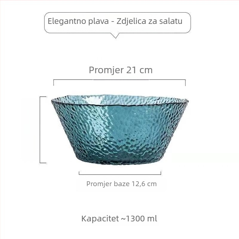 Staklena zdjela za salatu s uzorkom čekića – kružnog oblika, običnog stakla, moderni minimalistički stil