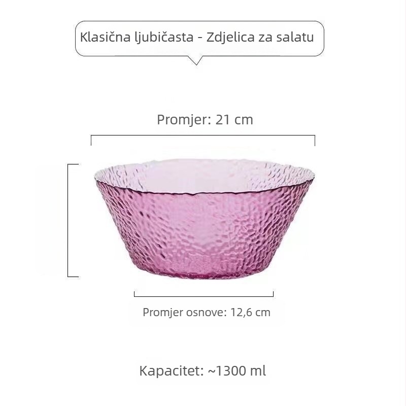 Staklena zdjela za salatu s uzorkom čekića – kružnog oblika, običnog stakla, moderni minimalistički stil