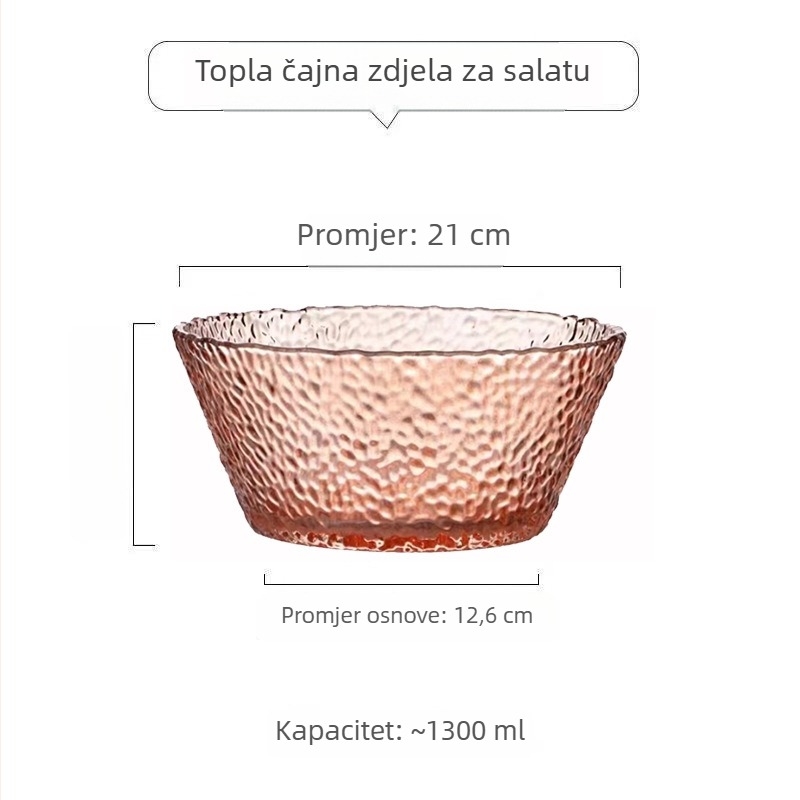Staklena zdjela za salatu s uzorkom čekića – kružnog oblika, običnog stakla, moderni minimalistički stil