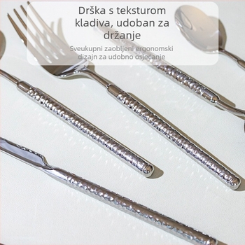Set pribora od 304 nerđajućeg čelika s okruglo dijamantno udarnom teksturom i čvrstom drškom: nož za steak, vilice, žlice i desertna žlica