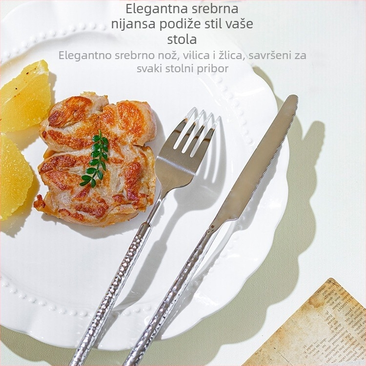 Set pribora od 304 nerđajućeg čelika s okruglo dijamantno udarnom teksturom i čvrstom drškom: nož za steak, vilice, žlice i desertna žlica