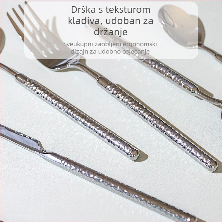 Set pribora od 304 nerđajućeg čelika s okruglo dijamantno udarnom teksturom i čvrstom drškom: nož za steak, vilice, žlice i desertna žlica