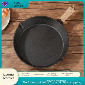 Tiganj za prženje s jednom drškom — lijevano željezo, plitko dno, bez premaza; kompatibilan s plinskim i indukcijskim pločama; težina 2,1 kg; dubina 4,3 cm; model 051