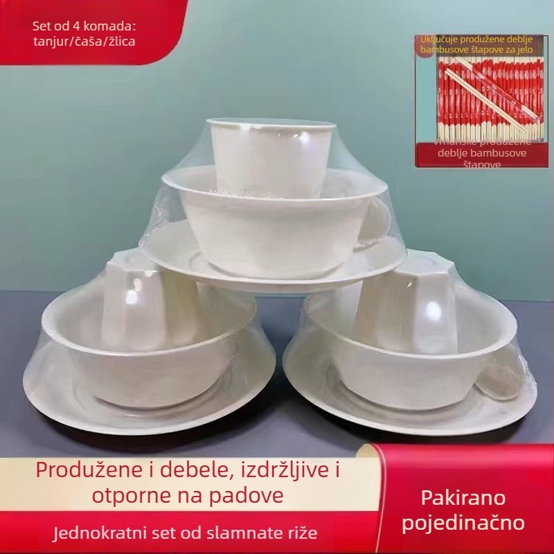 Jednokratni pribor – set od četiri komada: zdjele i štapići za jelo (plastika, nerazgradivo, pogodno za hranu)