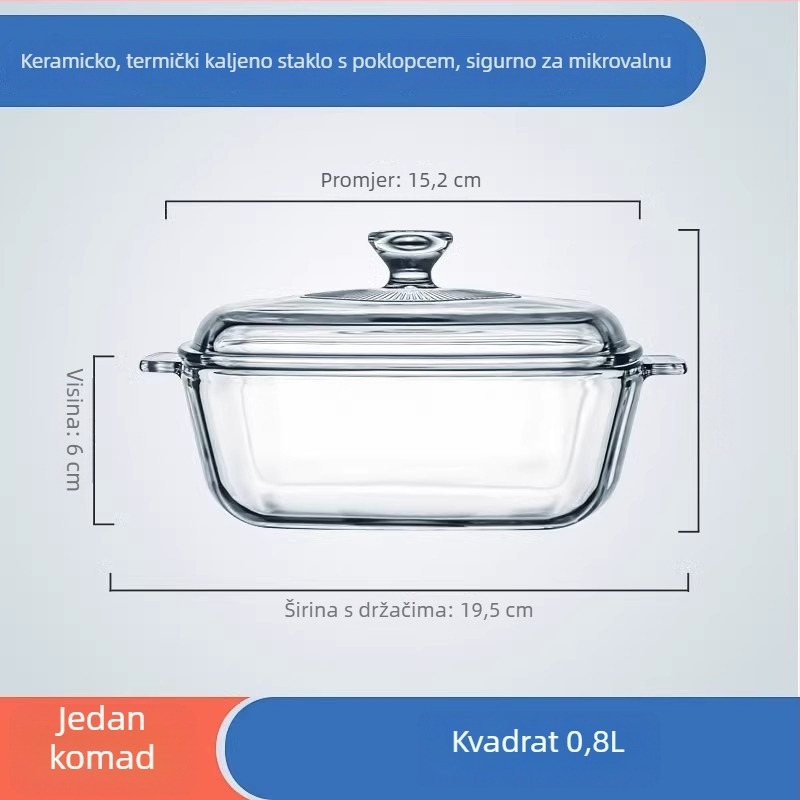 Staklena zdjela s dvostrukim držašima i poklopcem — otporna na toplinu, može se koristiti u mikrovalnoj i pećnici, idealna za juhe, na pari i dinstanje