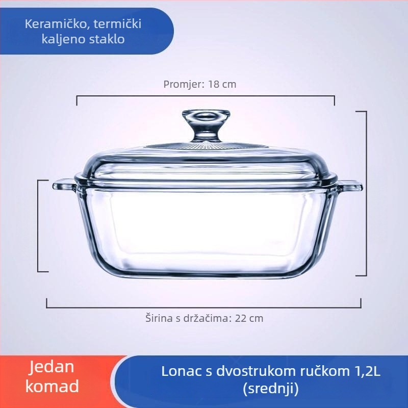 Staklena zdjela s dvostrukim držašima i poklopcem — otporna na toplinu, može se koristiti u mikrovalnoj i pećnici, idealna za juhe, na pari i dinstanje
