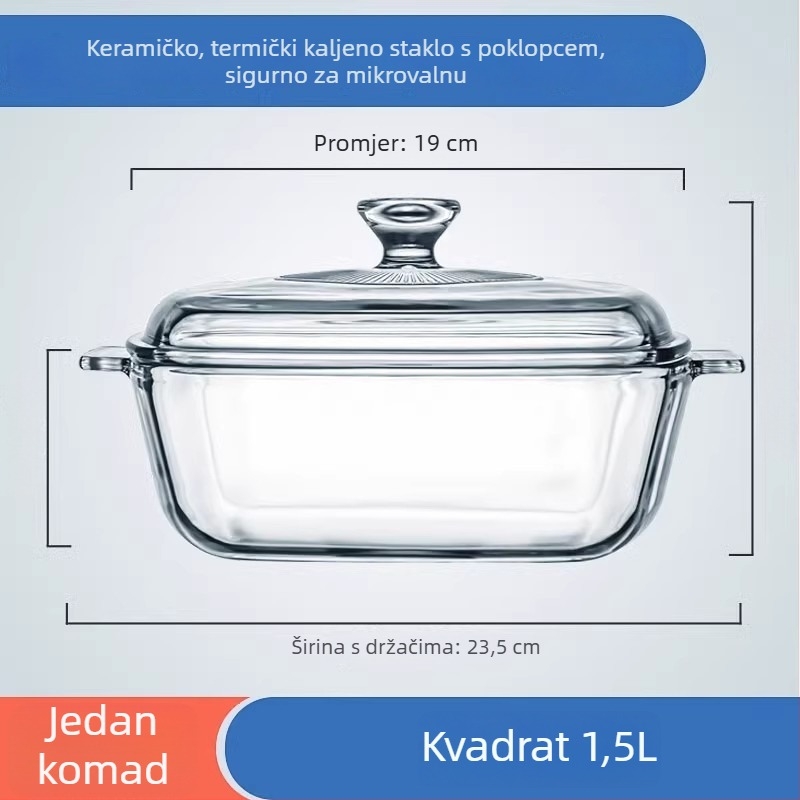 Staklena zdjela s dvostrukim držašima i poklopcem — otporna na toplinu, može se koristiti u mikrovalnoj i pećnici, idealna za juhe, na pari i dinstanje