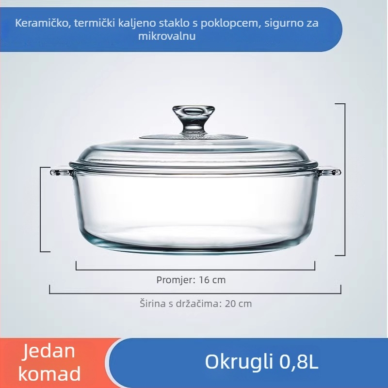 Staklena zdjela s dvostrukim držašima i poklopcem — otporna na toplinu, može se koristiti u mikrovalnoj i pećnici, idealna za juhe, na pari i dinstanje
