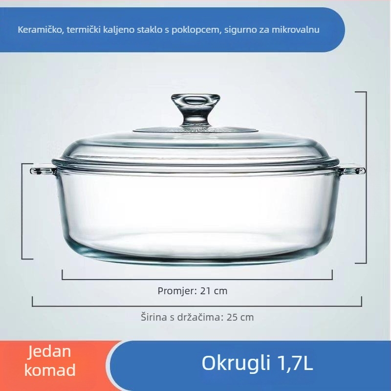 Staklena zdjela s dvostrukim držašima i poklopcem — otporna na toplinu, može se koristiti u mikrovalnoj i pećnici, idealna za juhe, na pari i dinstanje