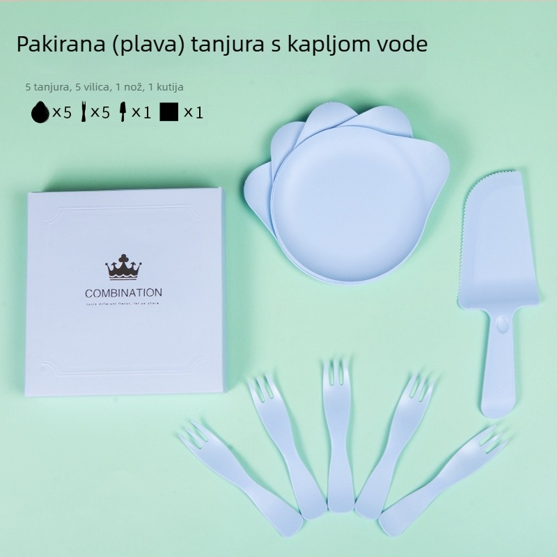Četiri u jednom jednokratni set pribora za rođendan s kutijom za tortu, pladnjem u obliku kapljice vode i valovito vilicu