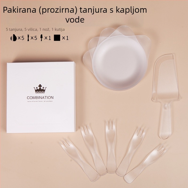Četiri u jednom jednokratni set pribora za rođendan s kutijom za tortu, pladnjem u obliku kapljice vode i valovito vilicu