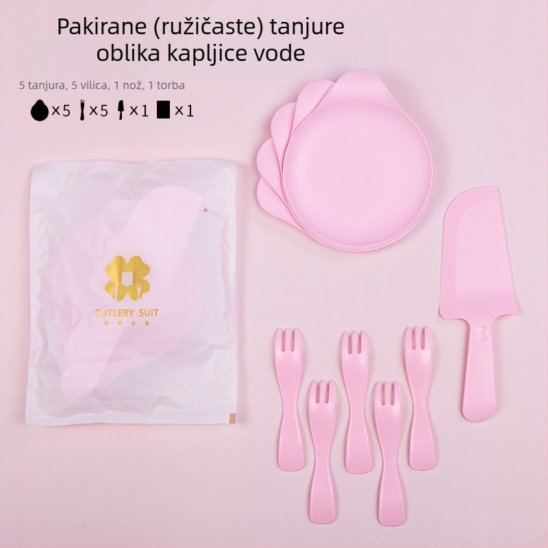 Četiri u jednom jednokratni set pribora za rođendan s kutijom za tortu, pladnjem u obliku kapljice vode i valovito vilicu