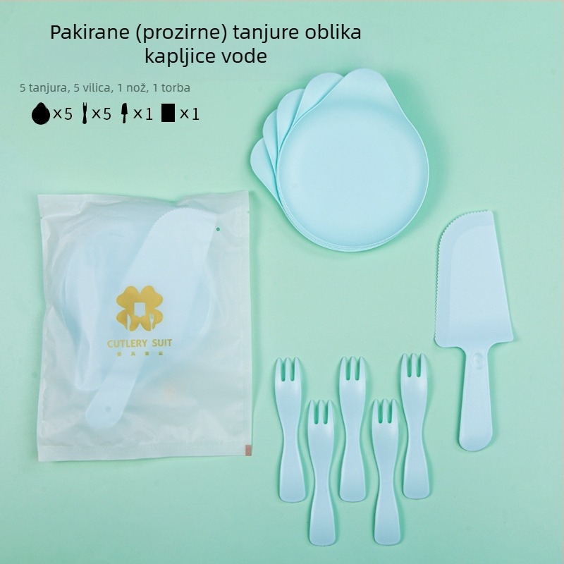 Četiri u jednom jednokratni set pribora za rođendan s kutijom za tortu, pladnjem u obliku kapljice vode i valovito vilicu