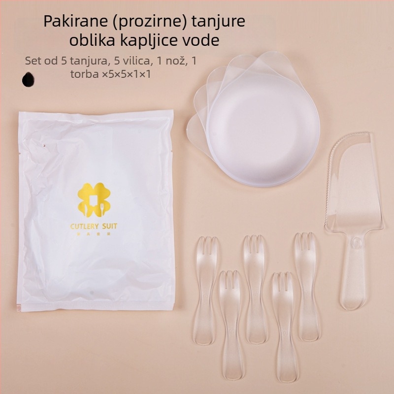 Četiri u jednom jednokratni set pribora za rođendan s kutijom za tortu, pladnjem u obliku kapljice vode i valovito vilicu