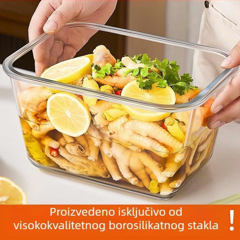 Kvadratna staklena kutija za pohranu u hladnjaku, zapečaćena, kapacitet 2,1–3 L, mikrovalna kompatibilna