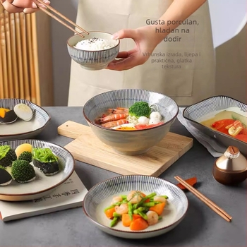 Zdjela za rižu, japanski stil vintage posuđe, porculan, ručno crtane pruge, okrugli oblik, mikrovalna kompatibilna (Porcelan; Ručno crtane pruge; Okrugli oblik; Mikrovalna kompatibilna; Japanski stil vintage)