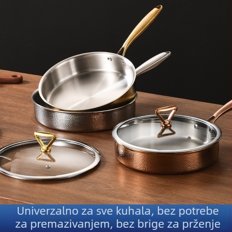 Tiganj za prženje od 304 nehrđajućeg čelika, bez premaza, s trostrukim dnom, staklena poklopac, kompatibilan s indukcijom