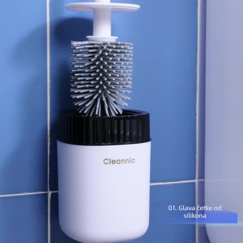 Četka za WC sa silikonskom dugom drškom, zidno montiranje bez bušenja, set s postoljem