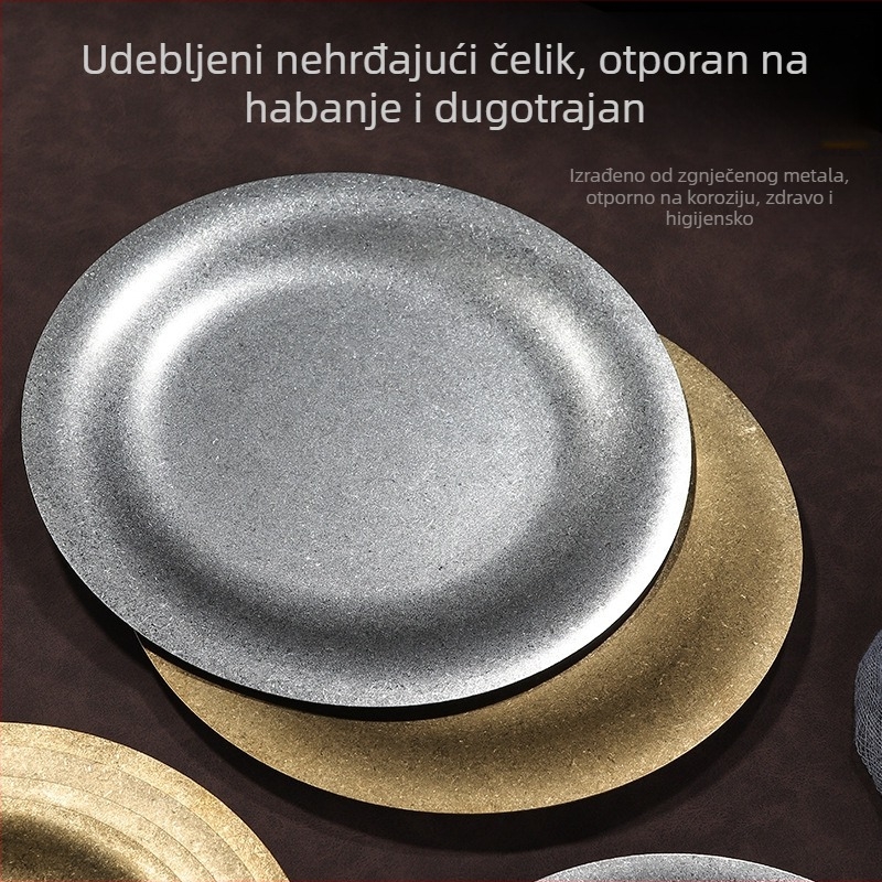Tanjur od nehrđajućeg čelika, okrugli, retro industrijskog stila, tlačenje loga moguće, prilagodba dostupna
