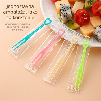 Jednokratna vilica za voće od PS plastike, individualno pakirana, 100–200 kom/pak, pogodno za mikrovalnu pećnicu, težina 0,55 g po štapiću