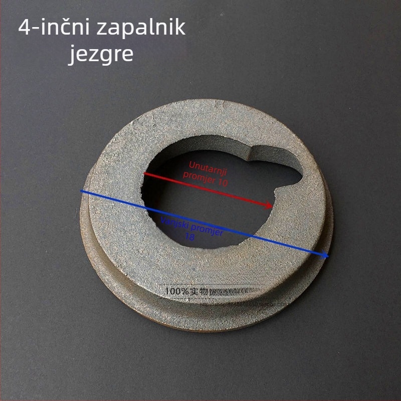 Set od lijevanog željeza za drvenu peć — uključuje prsten za izgaranje, keramički plamen prsten i prsten za stabilizaciju plamena