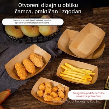 Prilagođena jednokratna kutija od kraft papira u obliku brodskog čamca, otvoreni gornji dio, otporna na masnoće, kutija za pomfrit i pileći popcorn