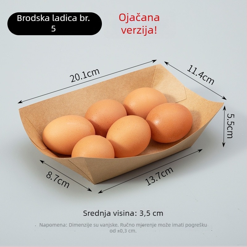 Prilagođena jednokratna kutija od kraft papira u obliku brodskog čamca, otvoreni gornji dio, otporna na masnoće, kutija za pomfrit i pileći popcorn