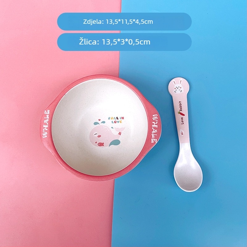 Set dječjih posuda: zdjela i žlica od vlakna bambusa – crtani stil, dvodijelni set za djecu od 24 mjeseca