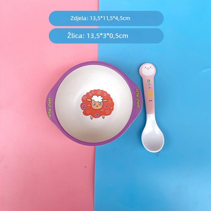Set dječjih posuda: zdjela i žlica od vlakna bambusa – crtani stil, dvodijelni set za djecu od 24 mjeseca