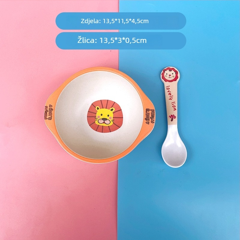 Set dječjih posuda: zdjela i žlica od vlakna bambusa – crtani stil, dvodijelni set za djecu od 24 mjeseca