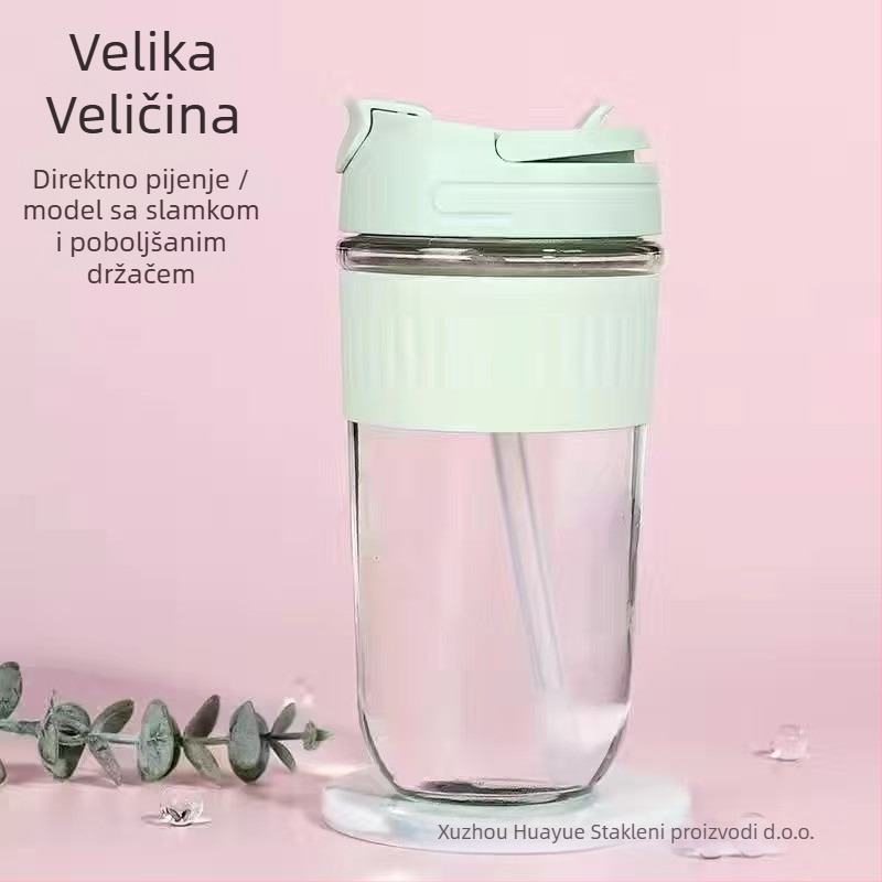 Staklena čaša za vodu od sodalitnog stakla sa slamkom, moderan minimalistički dizajn, moguć tisak logotipa, nepropusna i otporna na toplinu