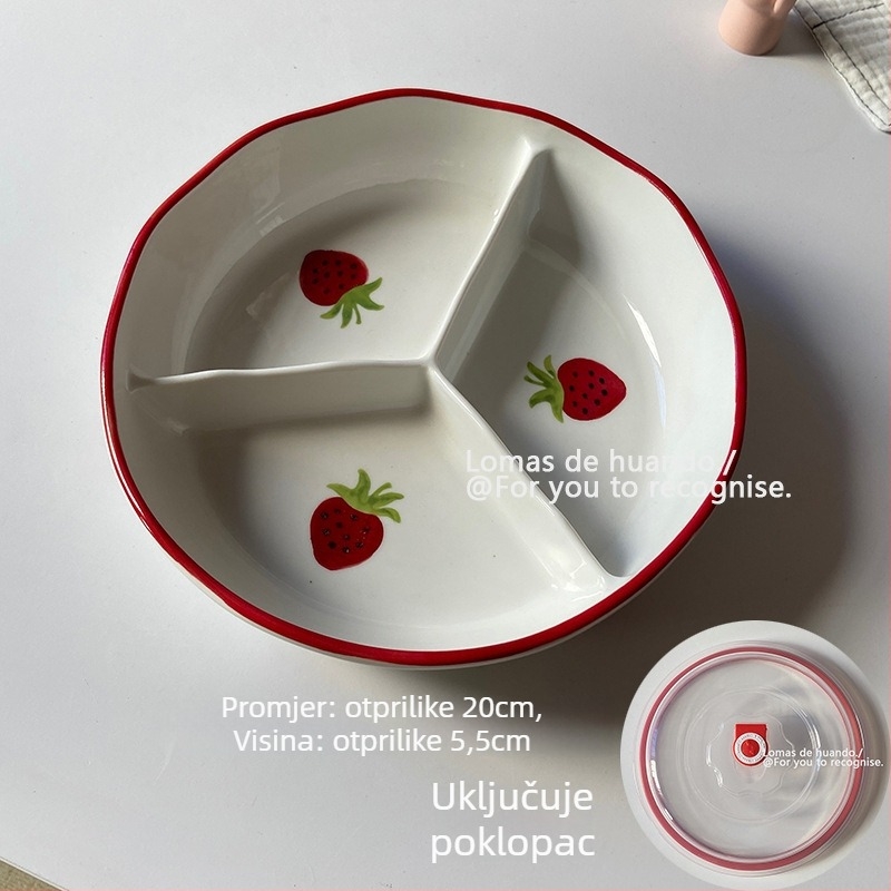 Porcelanski podijeljeni tanjur s poklopcem za porciju — Nordic stil, nepravilnog oblika, uzorak biljaka, pod glazurom