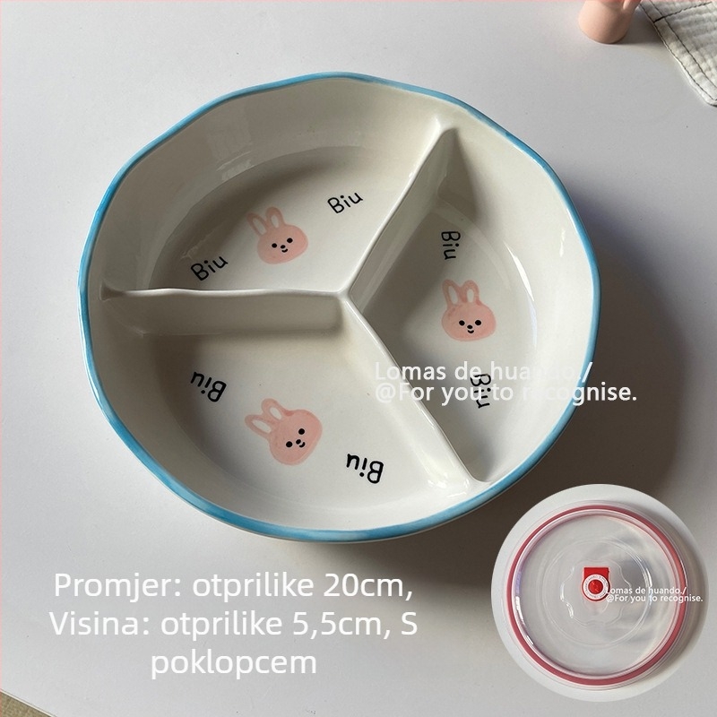 Porcelanski podijeljeni tanjur s poklopcem za porciju — Nordic stil, nepravilnog oblika, uzorak biljaka, pod glazurom